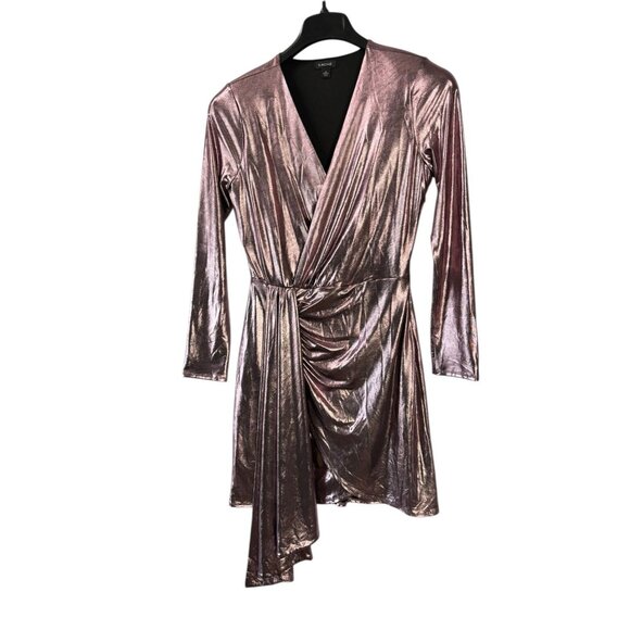 Cache Metallic Pink Fit & Flare Dress V-Neck Crossover Snap Drapey Long Sleeve 4